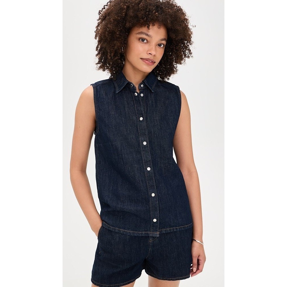 7 For All Mankind Women Sleeveless Shirt Dark Wash Cotton Linen Button Up S